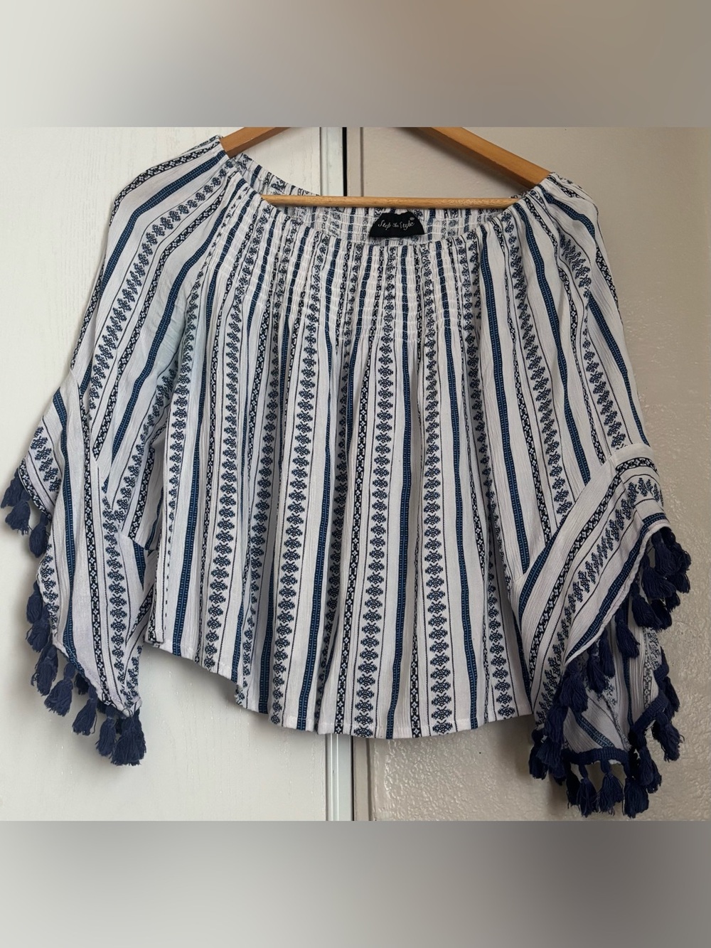 Navy Stripe Off-Shoulder Tassel Top